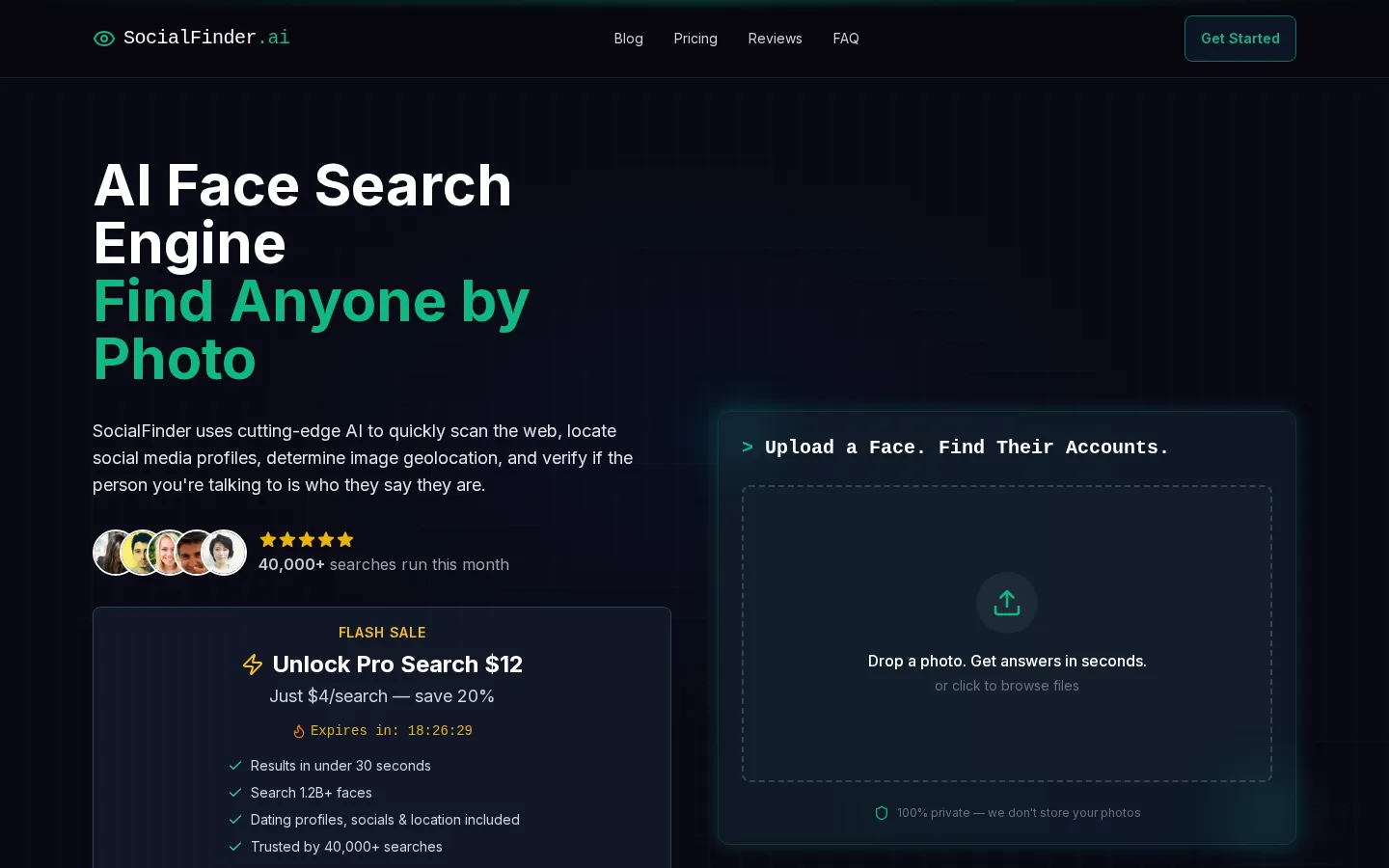 SocialFinder.ai AI Face Recognition product interface screenshot