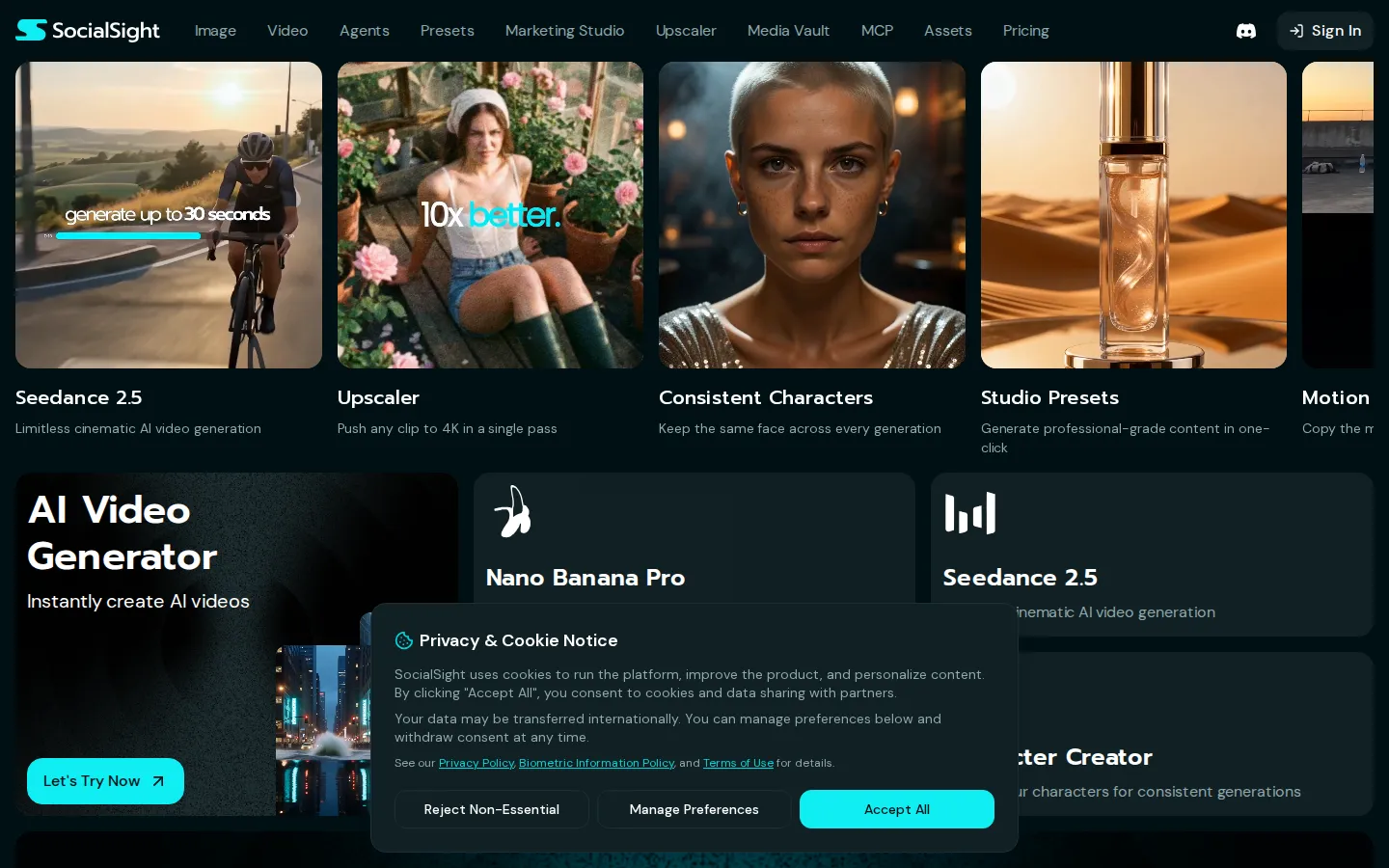 SocialSight AI Image Generator product interface screenshot