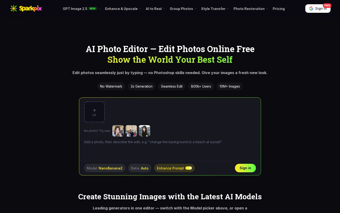 SparkPix AI Photo Editor product interface screenshot