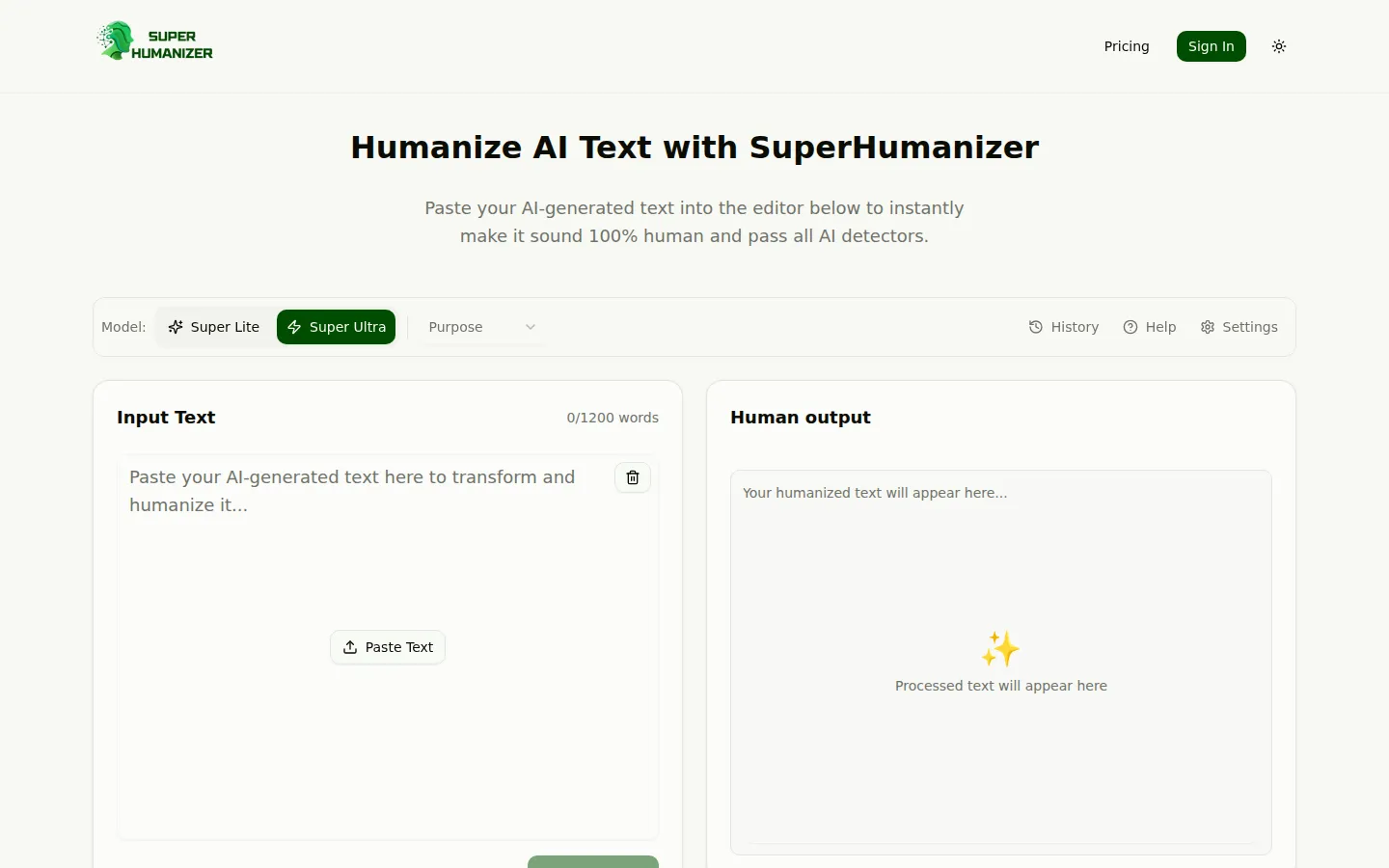 SuperHumanizer Humanizer AI product interface screenshot