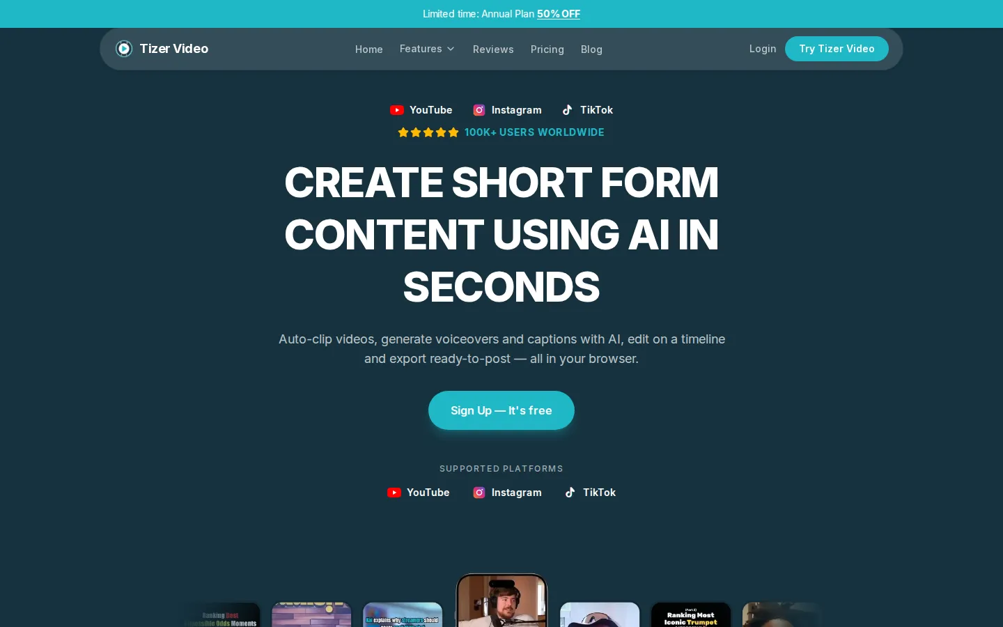 Tizer Video AI Video Editor product interface screenshot