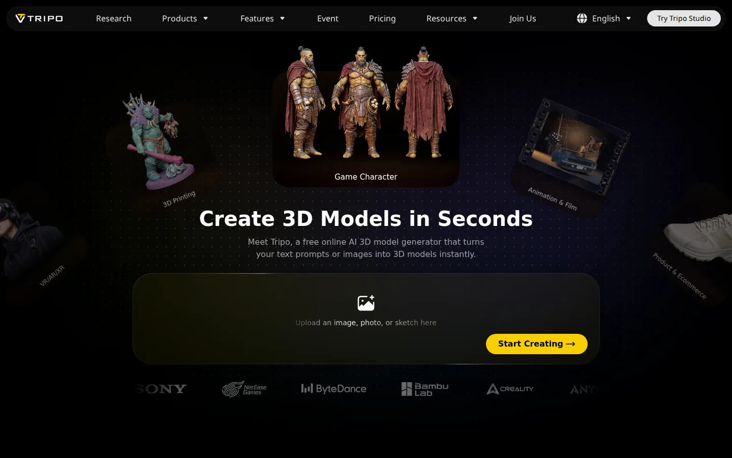 Tripo AI AI 3D Model Generator product interface screenshot