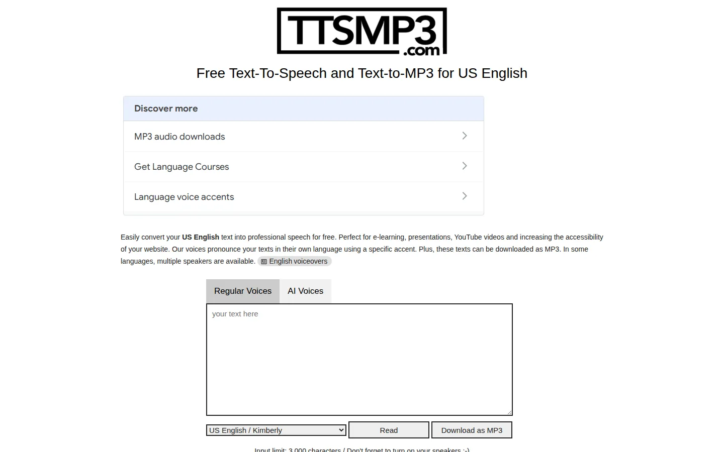 ttsMP3.com AI Text-to-Speech product interface screenshot