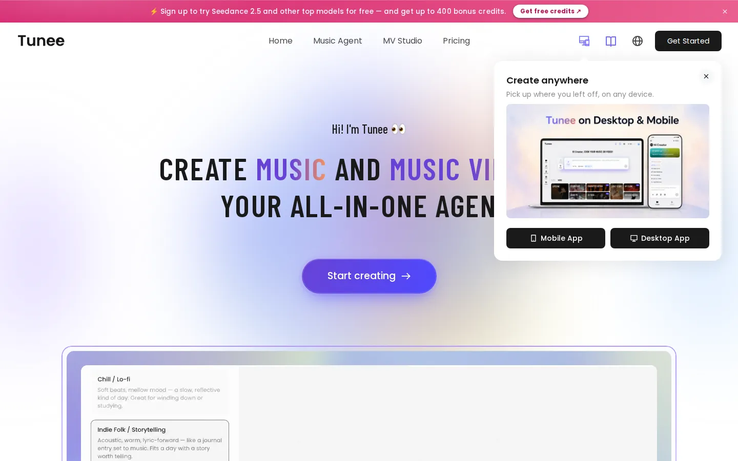 Tunee AI Music Generator product screenshot