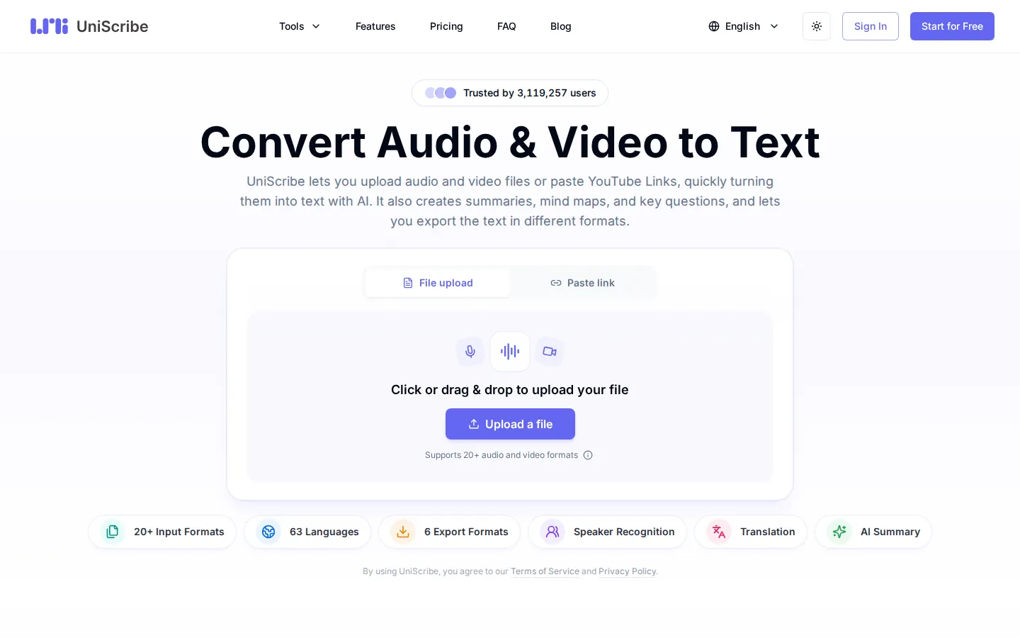 UniScribe AI Transcription product interface screenshot