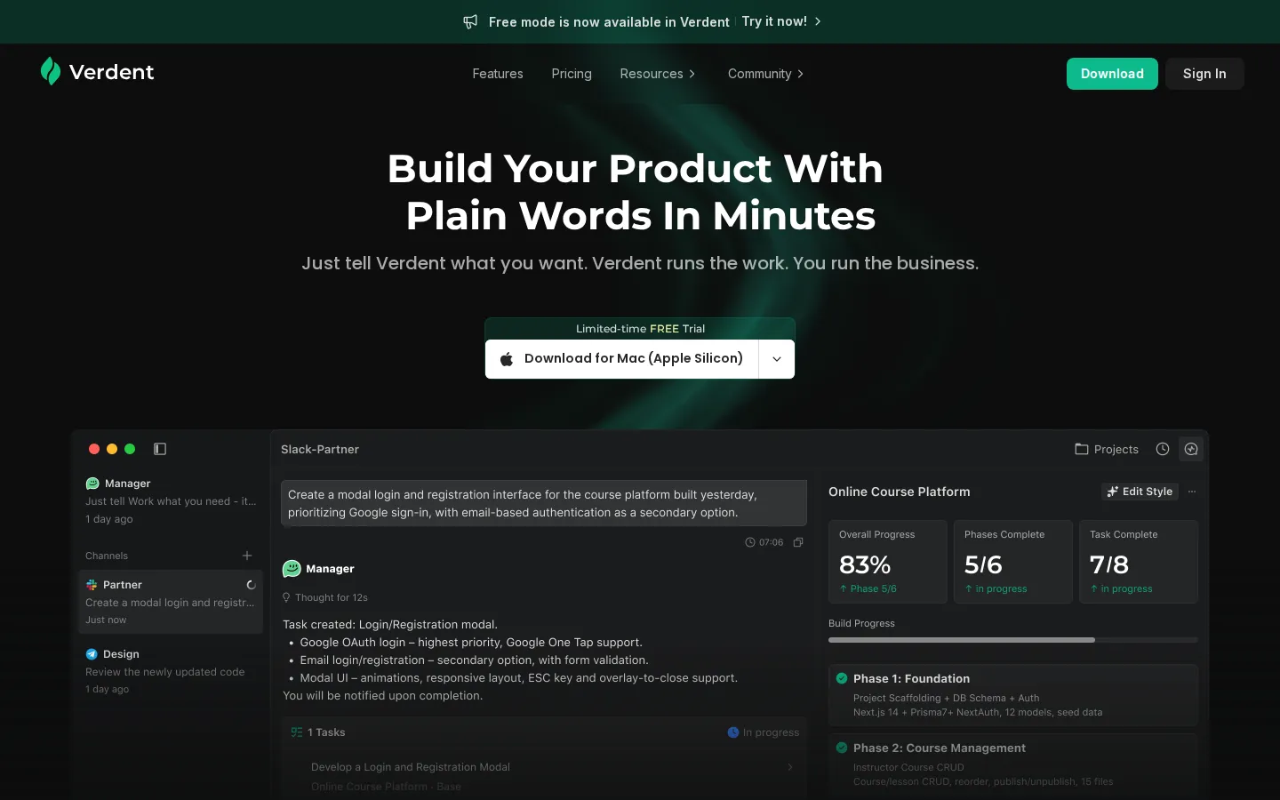 Verdent AI Code Assistant product interface screenshot