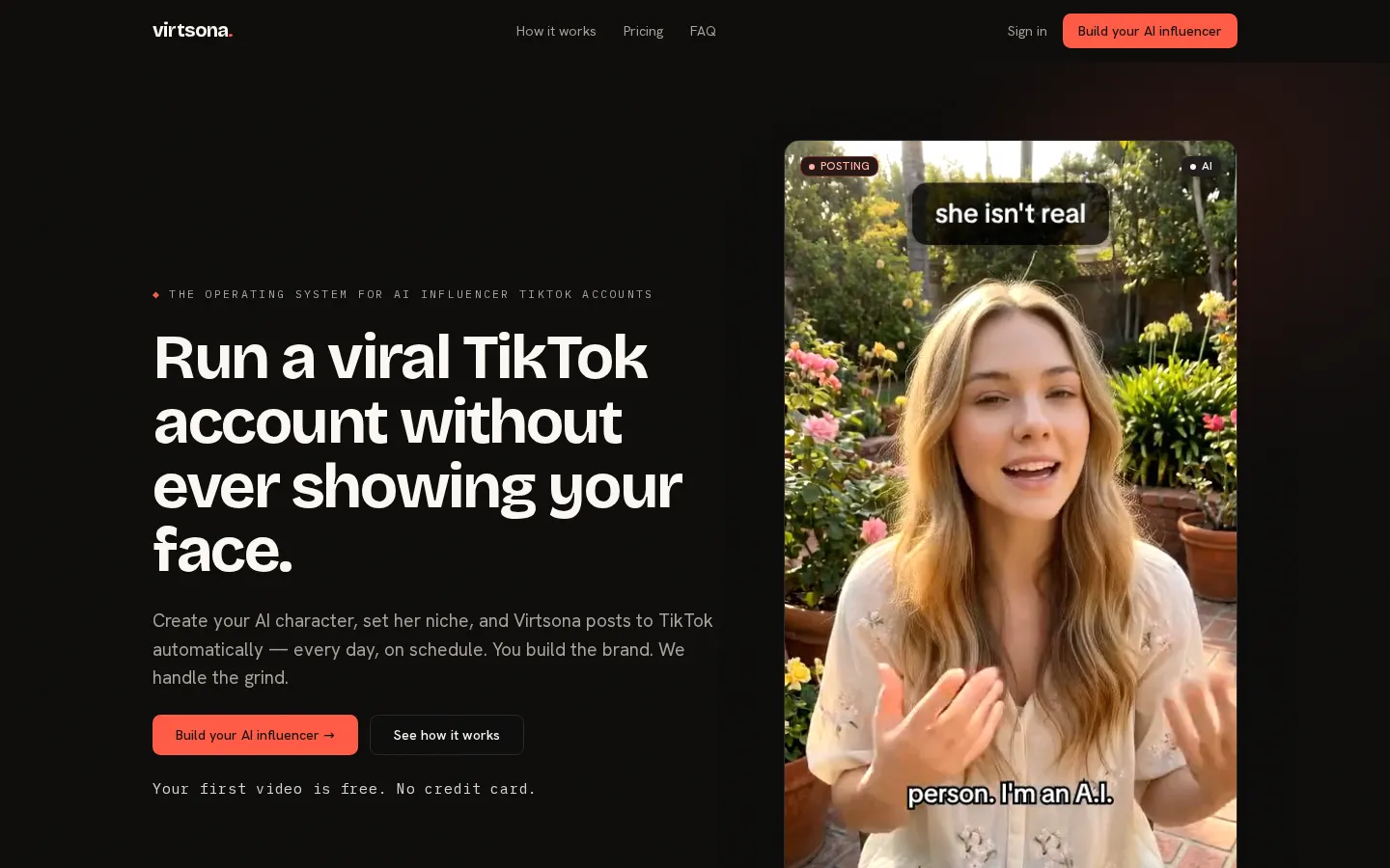 Virtsona AI Tiktok Video Generator product interface screenshot