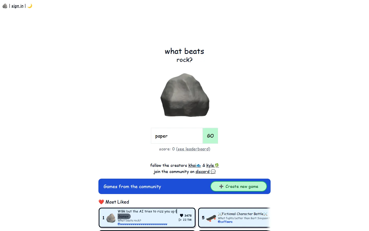 What Beats Rock AI Games product interface screenshot