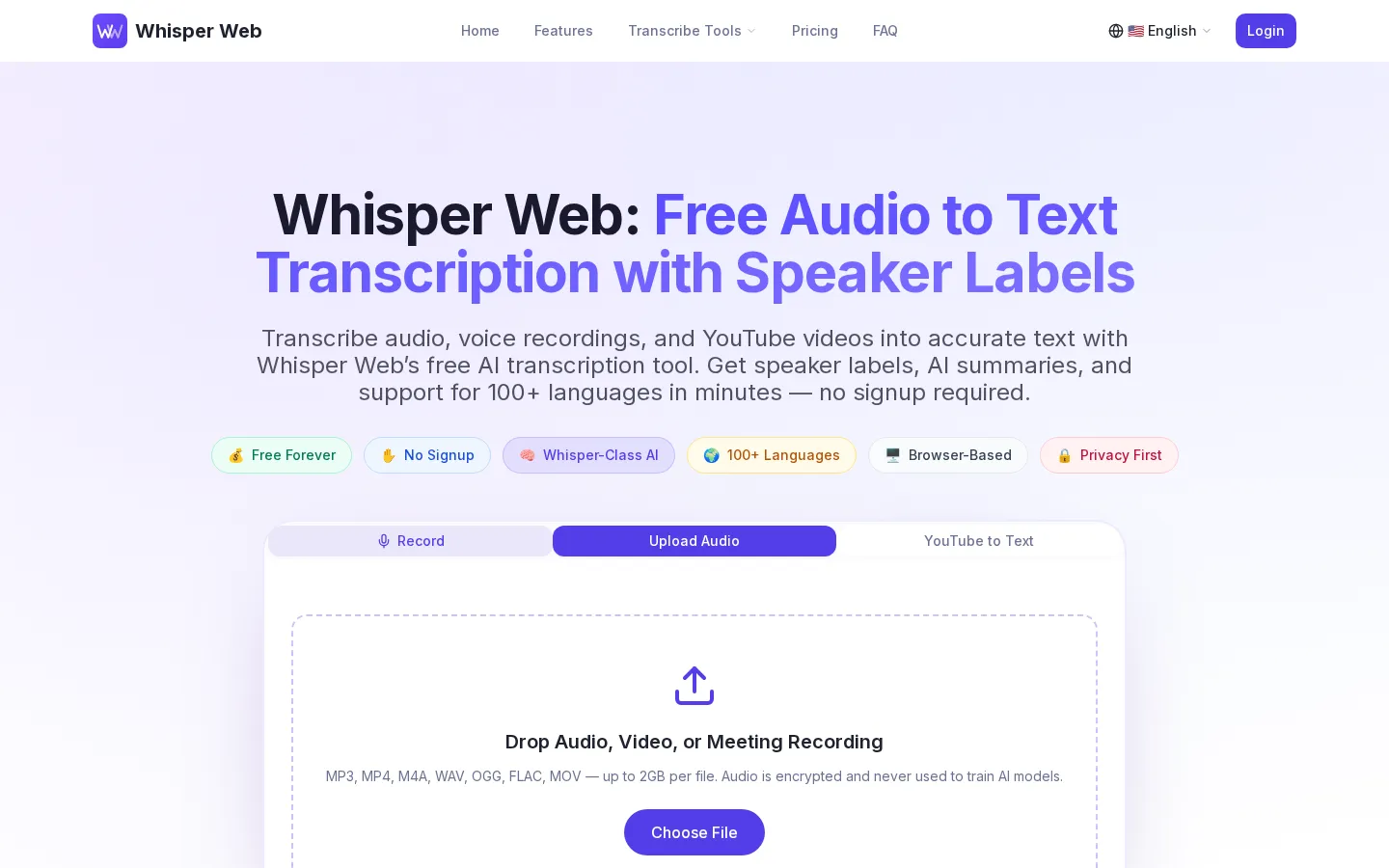 Whisper Web AI Transcription product interface screenshot