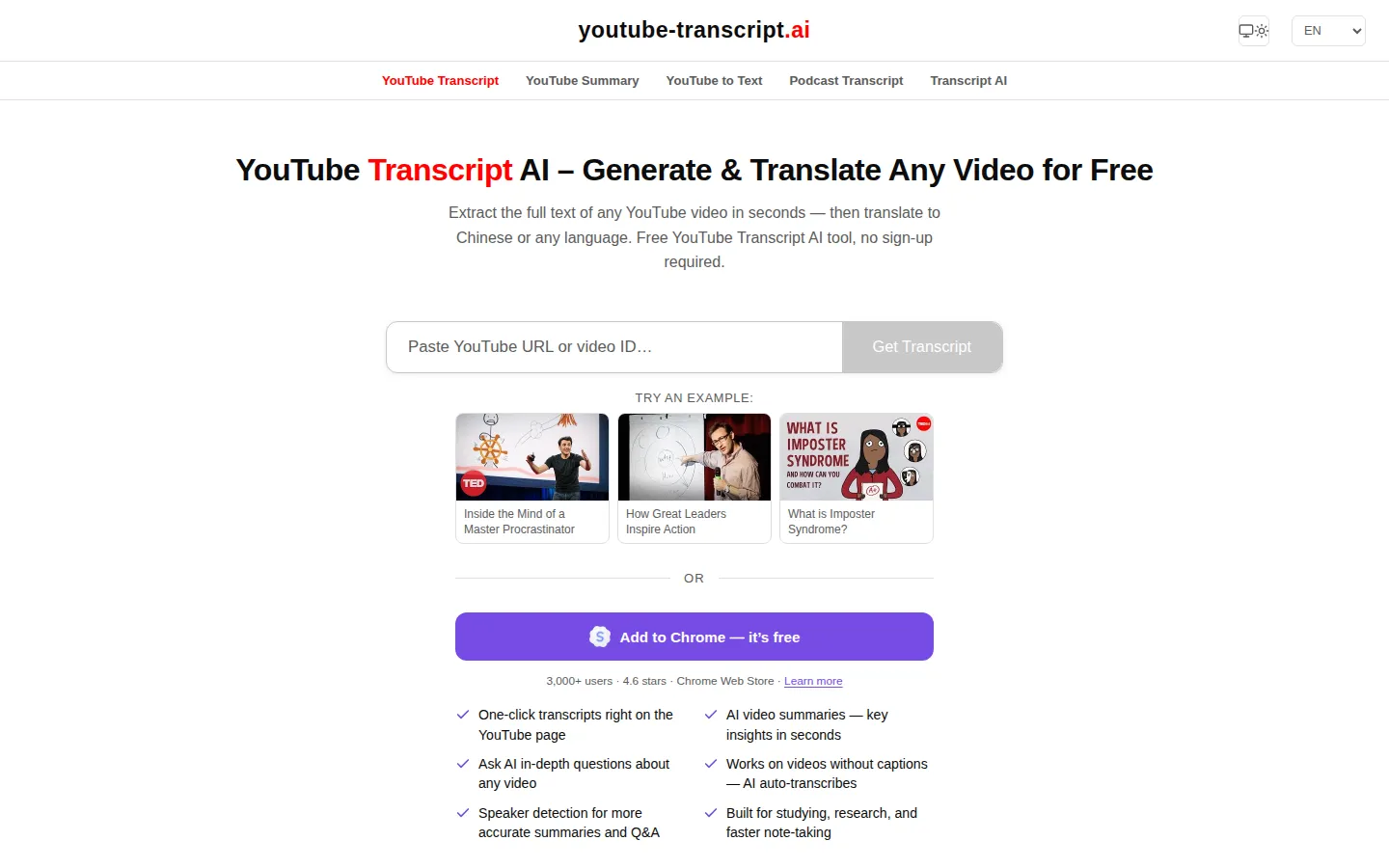 YouTube Transcript AI AI Transcription product interface screenshot