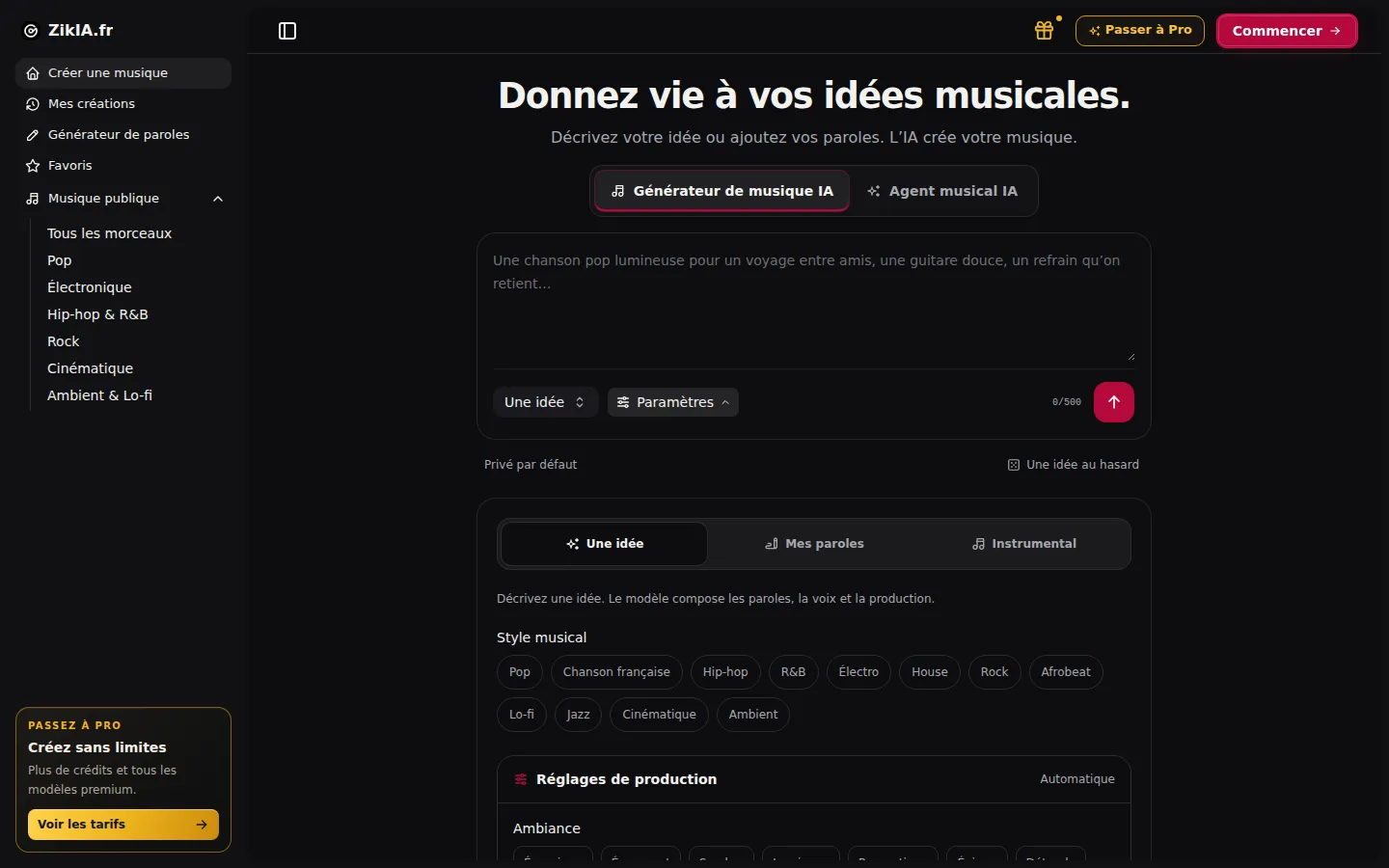 ZikIA.fr AI Music Generator product interface screenshot