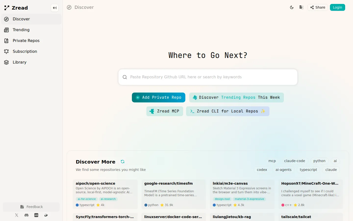 Zread AI Developer Tools product interface screenshot